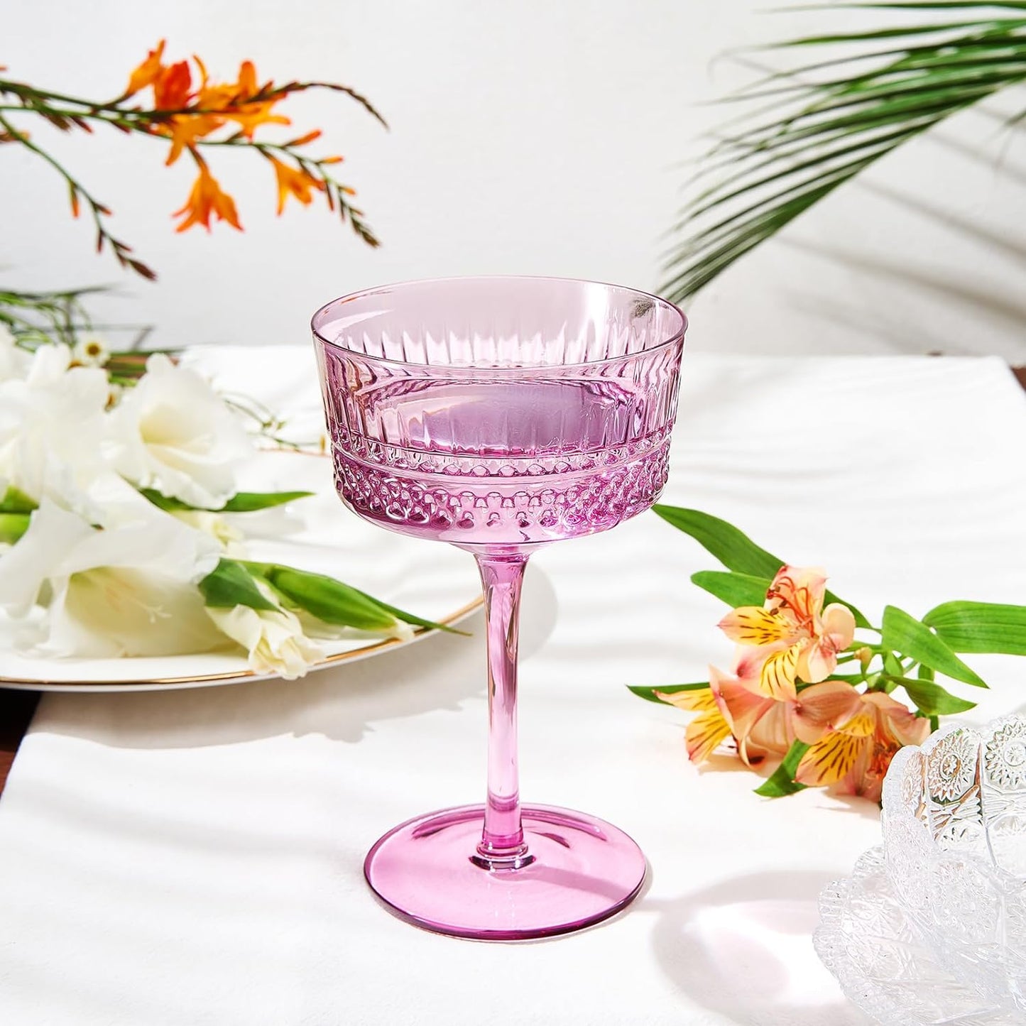 Art Deco Colored Crystal Coupe Glass | Set of 6 | Large 9.6oz Stemmed Glassware