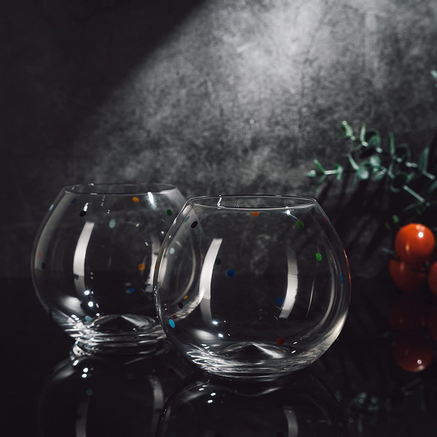 Polka Dot Set of 2 Stemless Bubble Wine Glasses 18 oz by The Wine Savant - Polka Dot Rainbow Glasses, Colored Wine Glasses, Bubble Glasses, Unique Tumblers Gift Idea For Everyday, Weddings, Parties