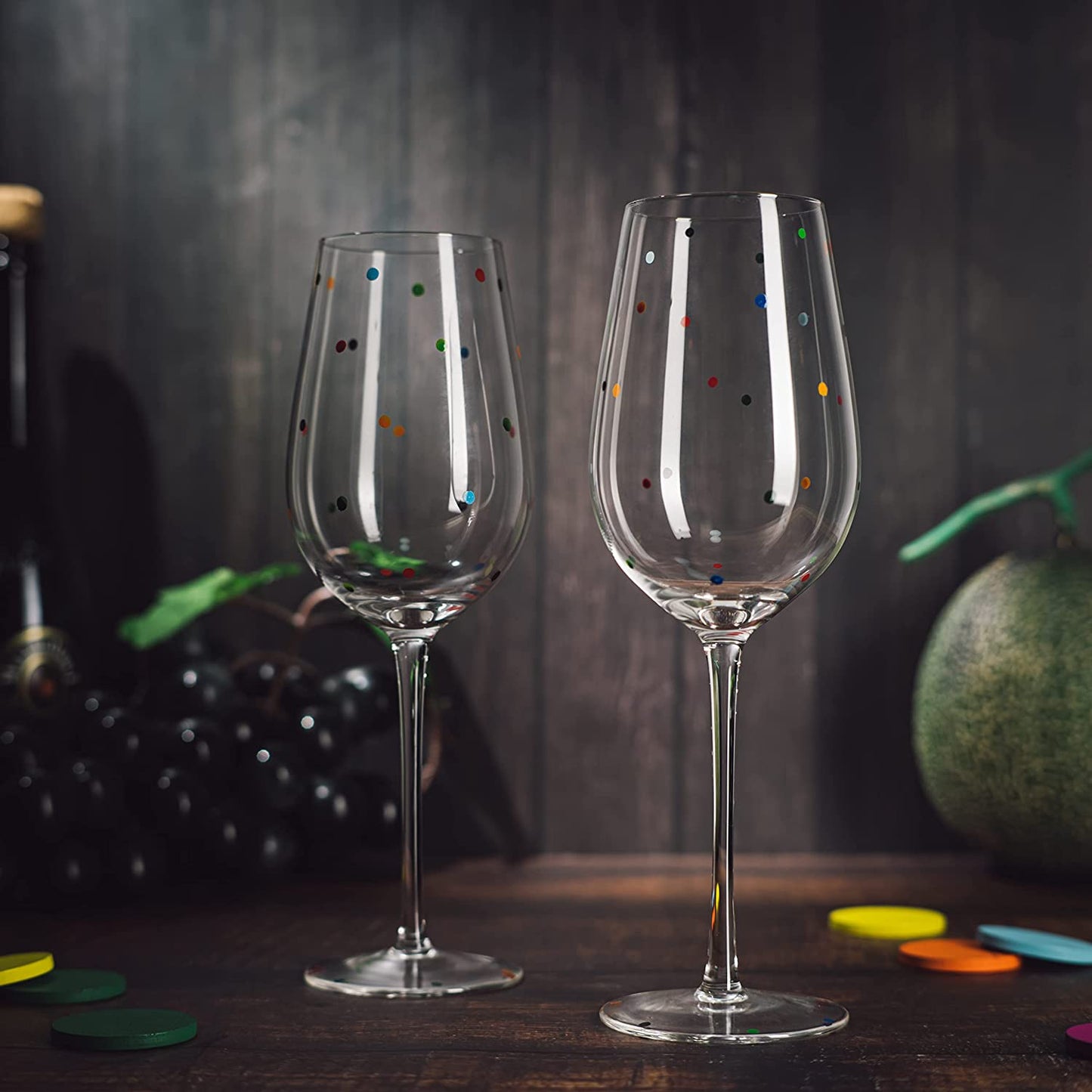 Polka Dot Stemmed Wine Glasses 16 Ounces Set of 2 10" H By The Wine Savant - Polka Dot Wine Wedding Glasses, Ideal For Merlot, Pinot Noir For Everyday, Weddings, Anniversaries, Parties, Home Bar Gifts