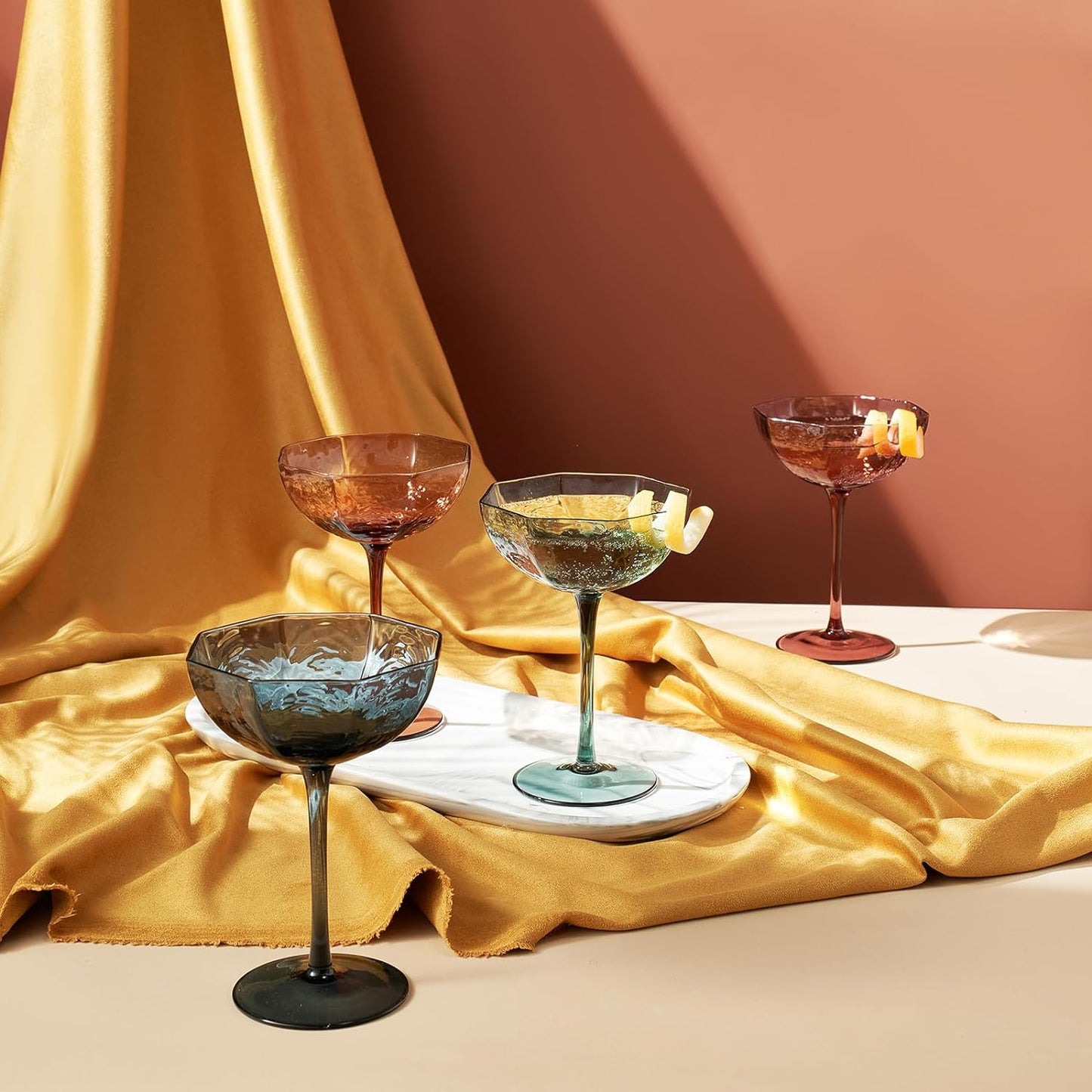 Khen Cocktail, Martini & Champagne Luxury Angled Coupe Glasses 6 oz | Set of 4 | Muted Colored