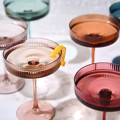Vintage Art Deco Coupe Glasses Ribbed Coupe Cocktail Glasses 7 oz | Set of 6 | Pastel Colored Crystal Cocktail Glassware for Champagne, Martini, Manhattan Goblet Cocktails, Ripple Glassware - Gift Box