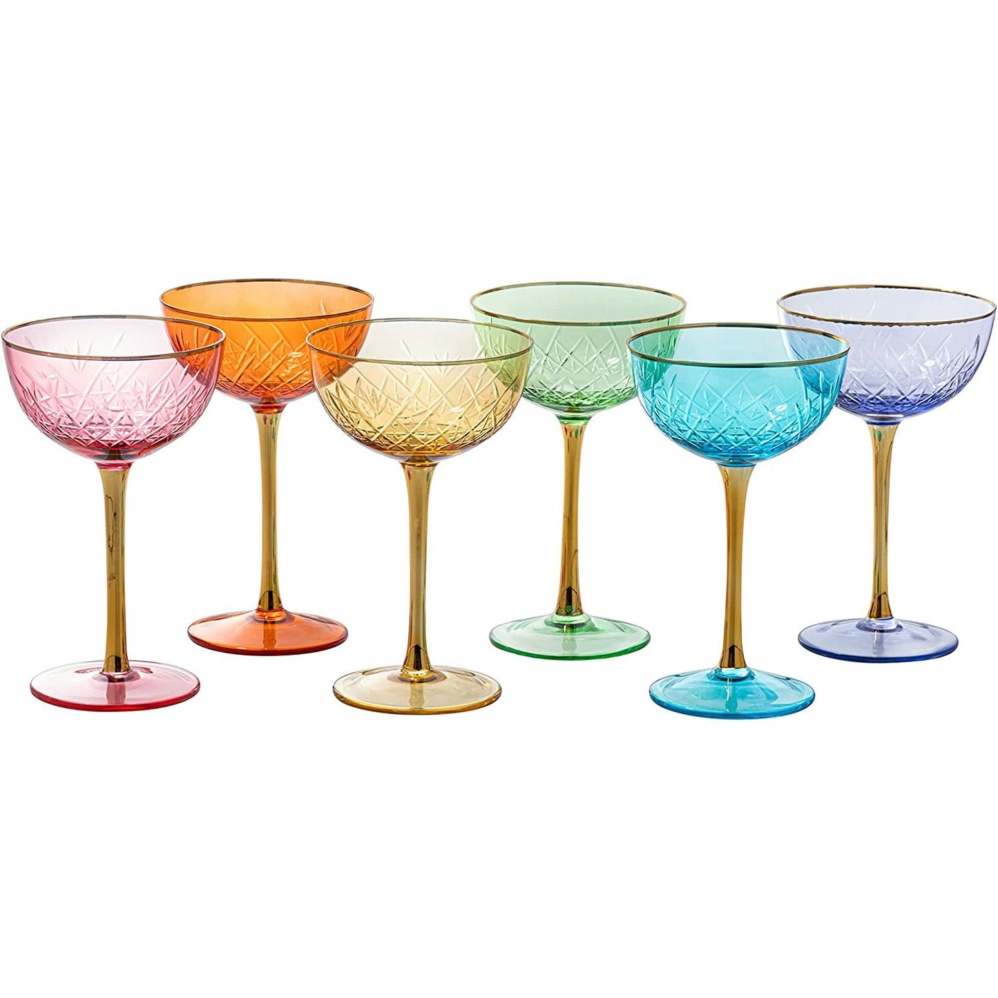 Vintage Art Deco Coupe for Champagne, Martini, Cocktails, Glasses | Set of 6 | 7 oz Classic Cocktail Glassware - Manhattan, Cosmopolitan, Sidecar, Crystal Speakeasy Style Saucer Goblets with Stems