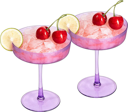 Ribbed Coupe Cocktail Glasses 8 oz | Set of 2 | Classic Manhattan Glasses For Cocktails, Champagne Coupe, Ripple Coupe Glasses, Art Deco Gatsby Vintage, Crystal with Stems (Lavender, Set of 2)