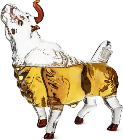 The Wine Savant Charging Bull Heads Up Animal Liquor Decanter Made For Bourbon, Whiskey, Scotch, Rum, or Tequila, Zodiac Shape