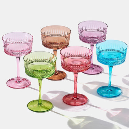 Art Deco Colored Crystal Coupe Glass | Set of 6 | Large 9.6oz Stemmed Glassware