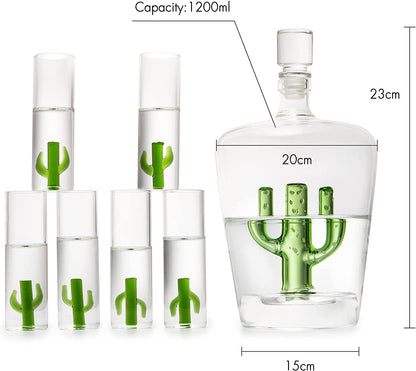Tequila Decanter Set with Cactus Decanter and 6 Cactus Shot Glasses Set, Perfect for Holiday Gifts for Tequila Lovers, 25 Ounce Bottle, 3 Ounce Shot Glasses Cinco De Mayo, Reposado Gift (Cactus)