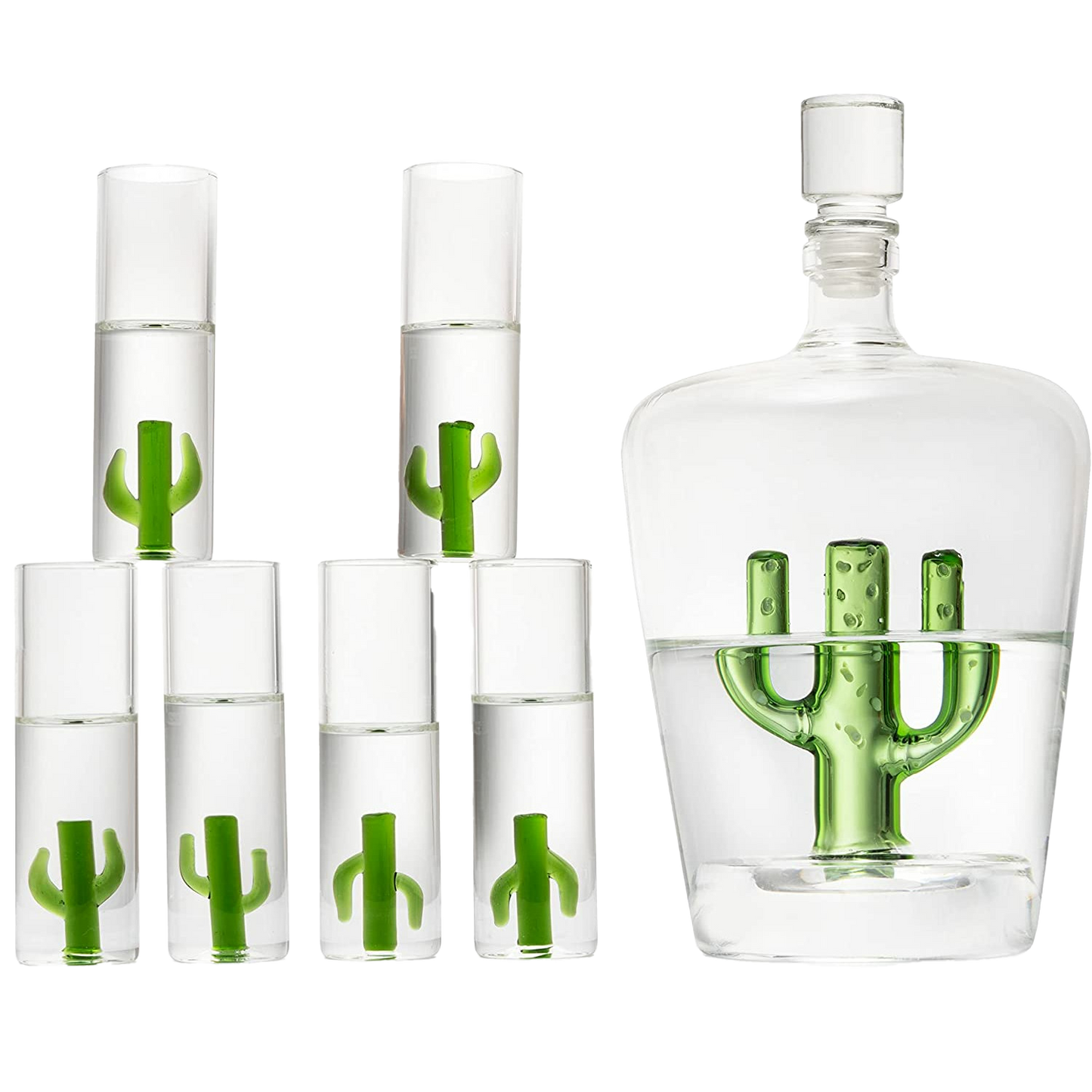 Tequila Decanter Set with Cactus Decanter and 6 Cactus Shot Glasses Set, Perfect for Holiday Gifts for Tequila Lovers, 25 Ounce Bottle, 3 Ounce Shot Glasses Cinco De Mayo, Reposado Gift (Cactus)