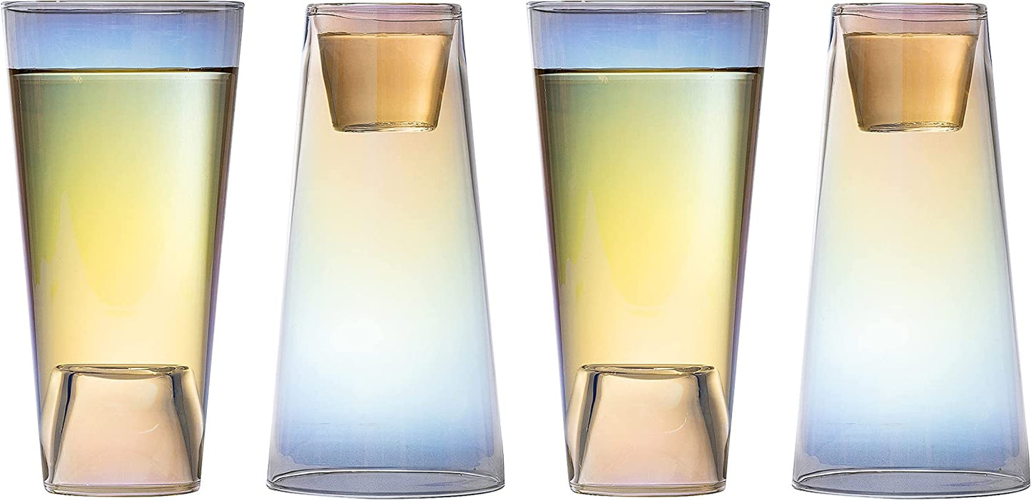 Shot in the Pint Glass, Take a Shot Funny Beer Glass 4-Set 7"H The Wine Savant - Beers Pilsner Tumblers Perfect for Entertaining, Home Bar, Weddings, Parties, Funny Gifts 21oz (640mL) (Iridescent)