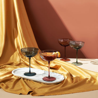 Khen Cocktail, Martini & Champagne Luxury Angled Coupe Glasses 6 oz | Set of 4 | Muted Colored