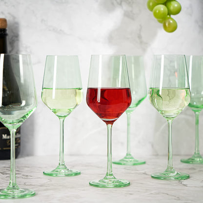 Green Colored Wine Glass Set, 12oz Glasses Set of 6 - Wedding Mint Green, Gift, Baby Shower Gender Reveal Decor Baby Unique Italian Style Tall Stemmed for White & Red Wine Elegant Glassware Color