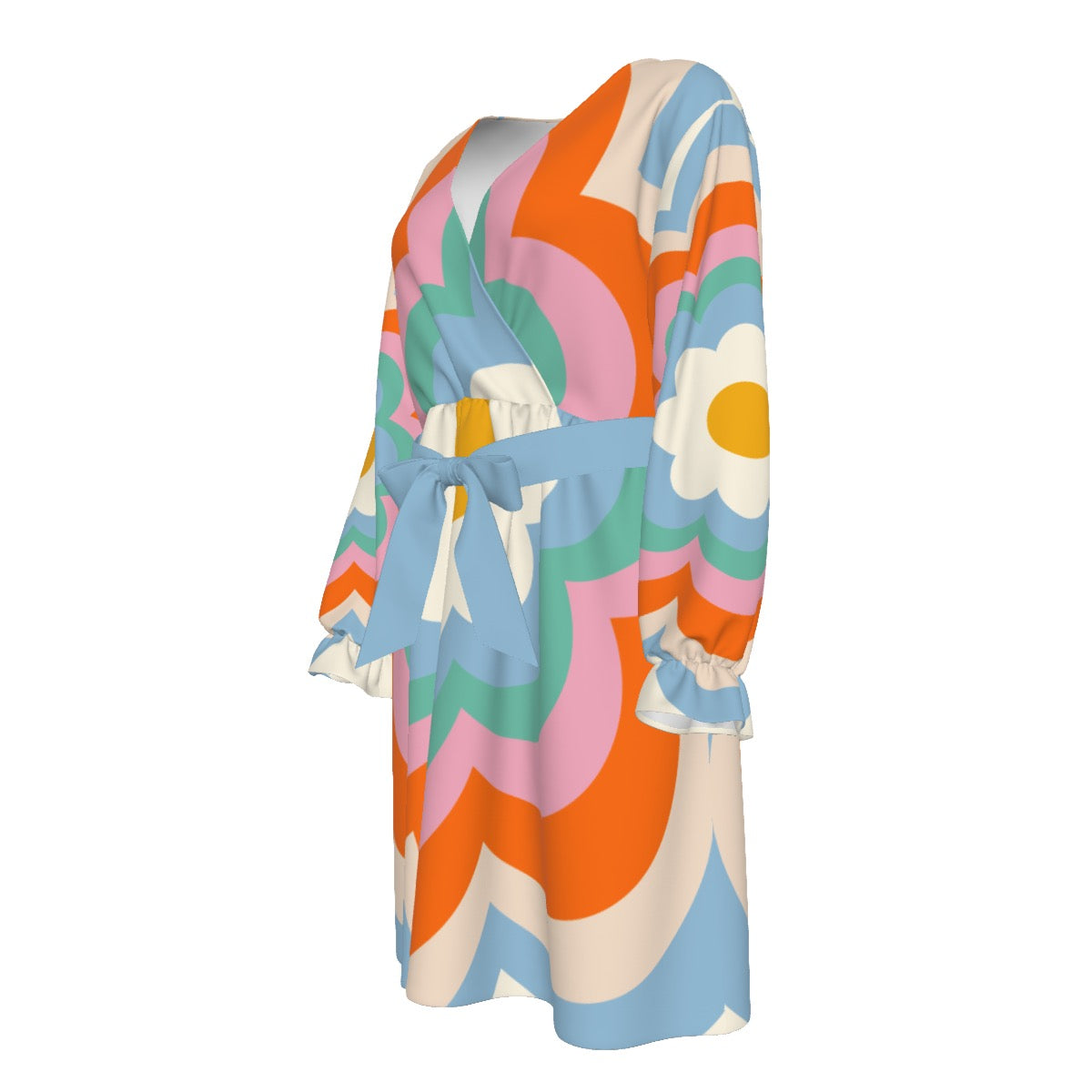 Pop Flowers Women's V-neck Dress With Waistband (Plus Size)