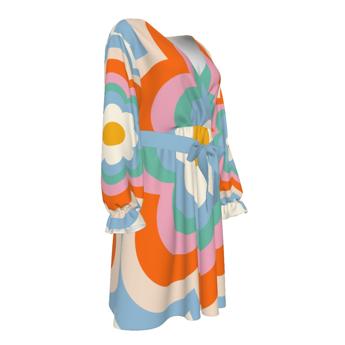 Pop Flowers Women's V-neck Dress With Waistband (Plus Size)