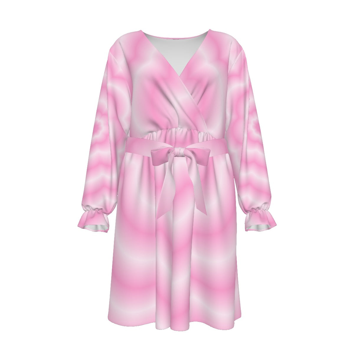 Pink Blur Flower Women's V-neck Dress With Waistband (Plus Size)