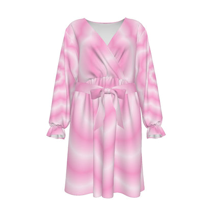 Pink Blur Flower Women's V-neck Dress With Waistband (Plus Size)