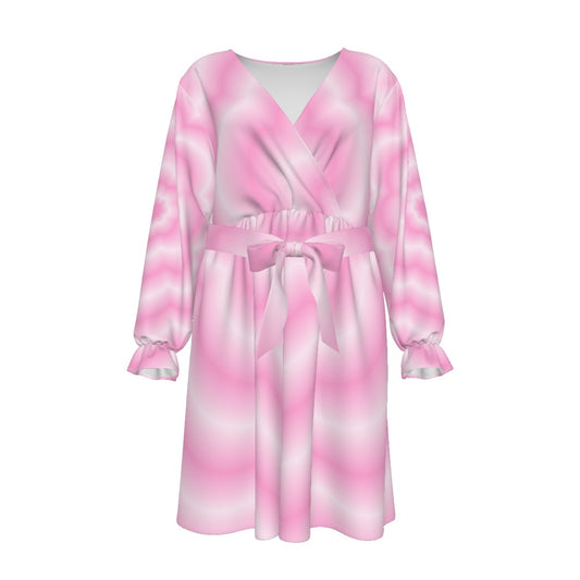 Pink Blur Flower Women's V-neck Dress With Waistband (Plus Size)