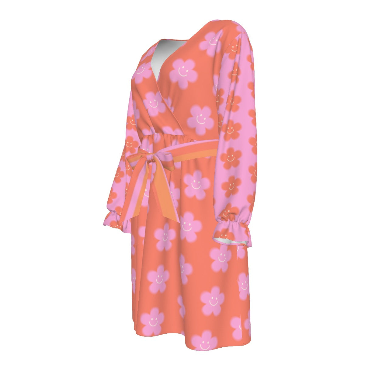 Pink Flowers Happy Face Women's V-neck Dress With Waistband (Plus Size)