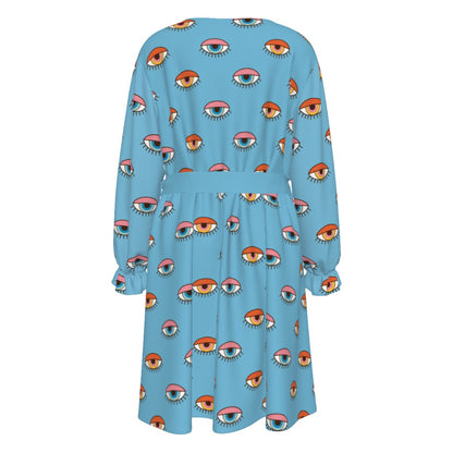 Blue Eyes Women's V-neck Dress With Waistband(Plus Size)