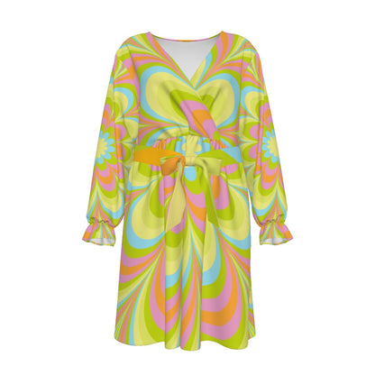 Pop Green Flowers Women's V-neck Dress With Waistband (Plus Size)