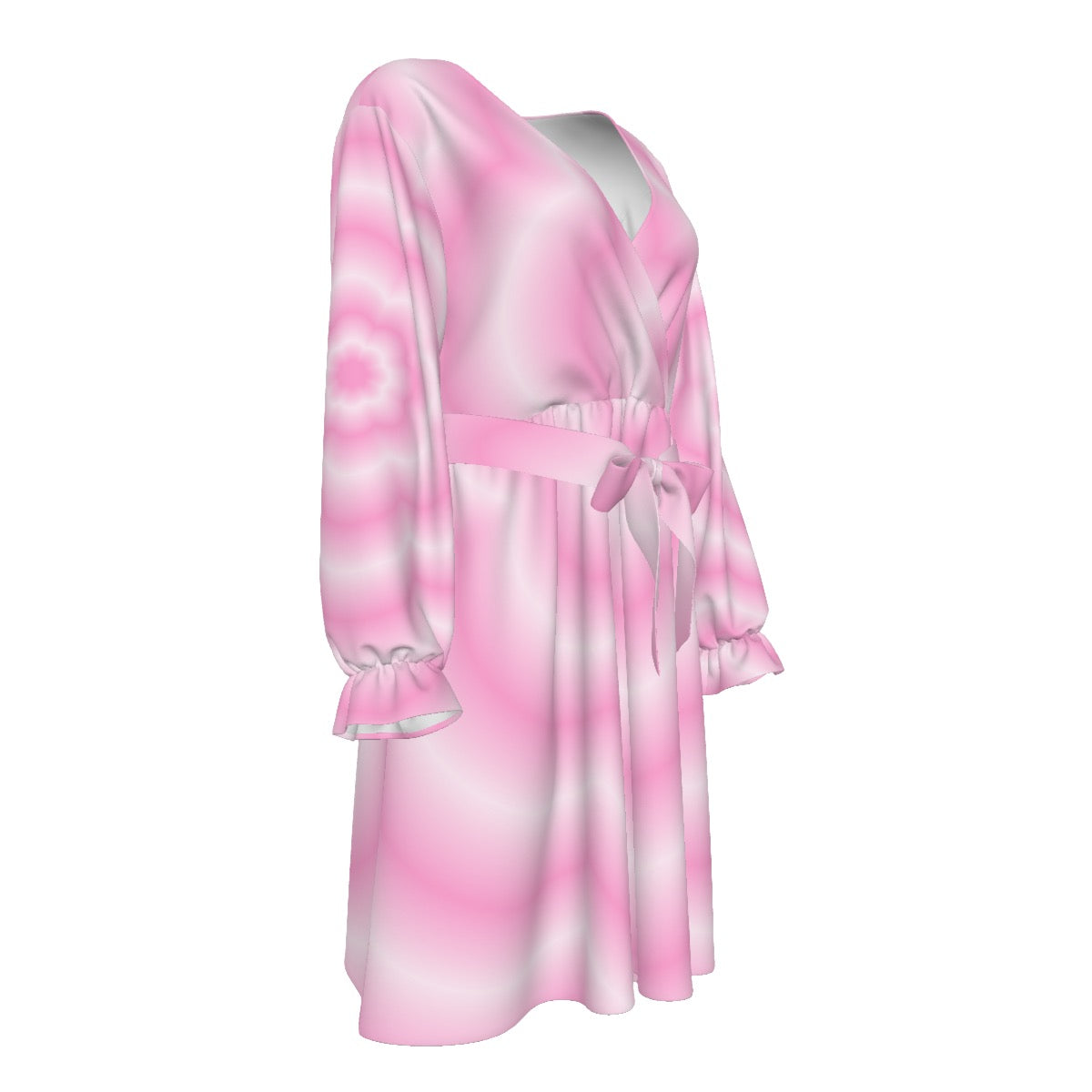 Pink Blur Flower Women's V-neck Dress With Waistband (Plus Size)