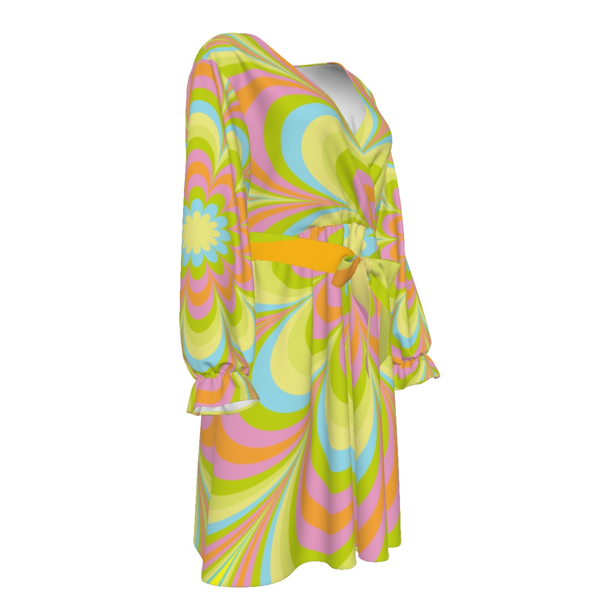 Pop Green Flowers Women's V-neck Dress With Waistband (Plus Size)