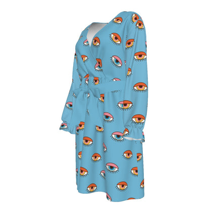 Blue Eyes Women's V-neck Dress With Waistband(Plus Size)