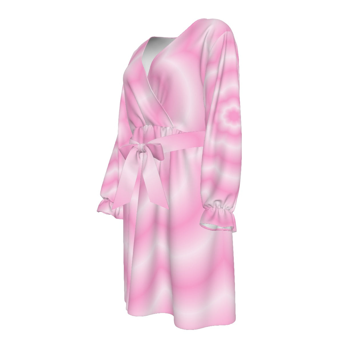 Pink Blur Flower Women's V-neck Dress With Waistband (Plus Size)