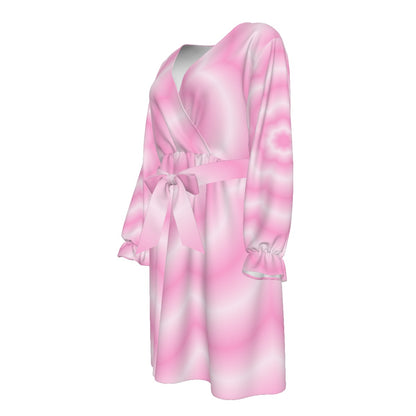 Pink Blur Flower Women's V-neck Dress With Waistband (Plus Size)