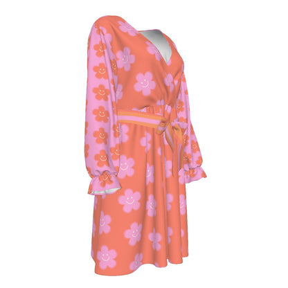 Pink Flowers Happy Face Women's V-neck Dress With Waistband (Plus Size)