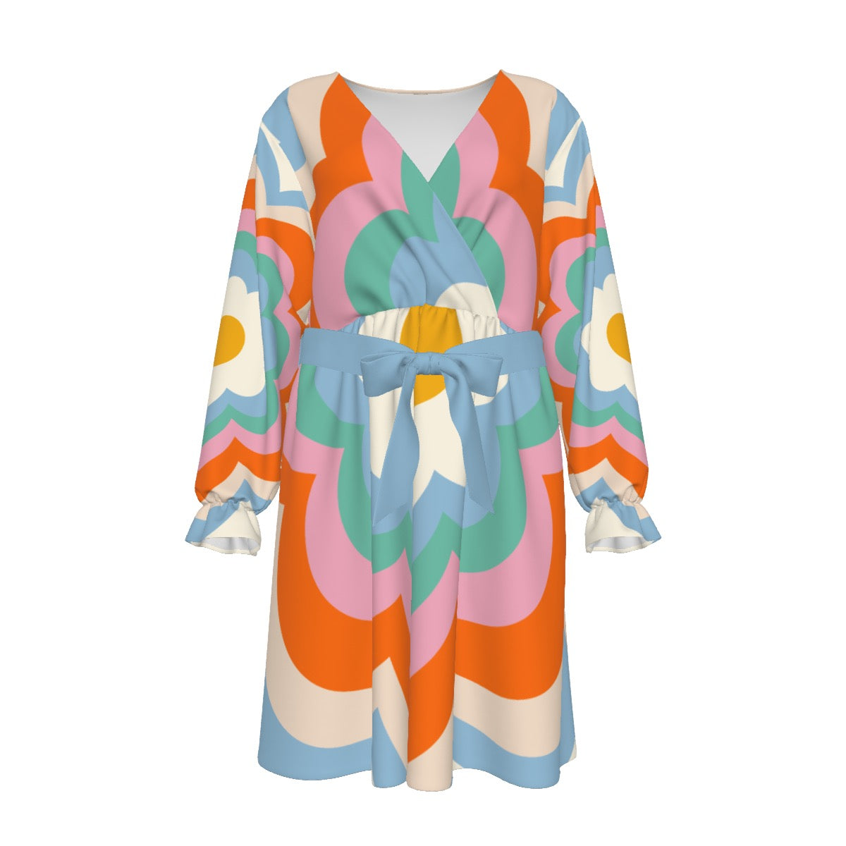 Pop Flowers Women's V-neck Dress With Waistband (Plus Size)