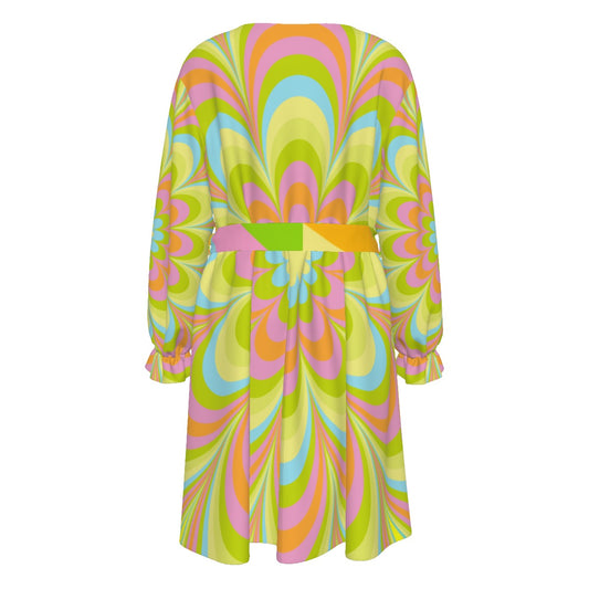 Pop Green Flowers Women's V-neck Dress With Waistband (Plus Size)