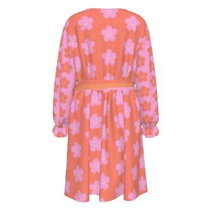 Pink Flowers Happy Face Women's V-neck Dress With Waistband (Plus Size)