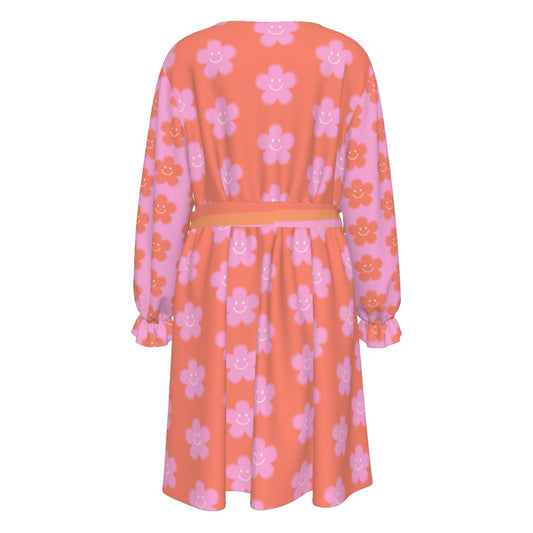 Pink Flowers Happy Face Women's V-neck Dress With Waistband (Plus Size)