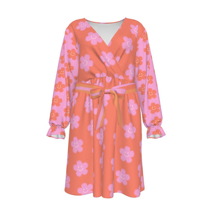 Pink Flowers Happy Face Women's V-neck Dress With Waistband (Plus Size)