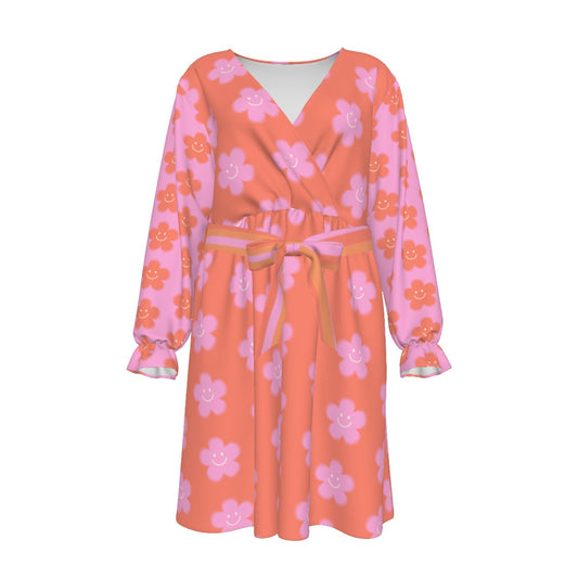 Pink Flowers Happy Face Women's V-neck Dress With Waistband (Plus Size)