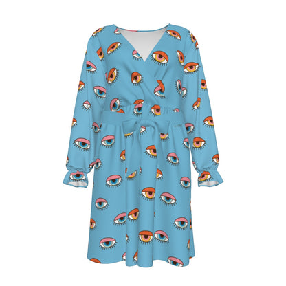 Blue Eyes Women's V-neck Dress With Waistband(Plus Size)