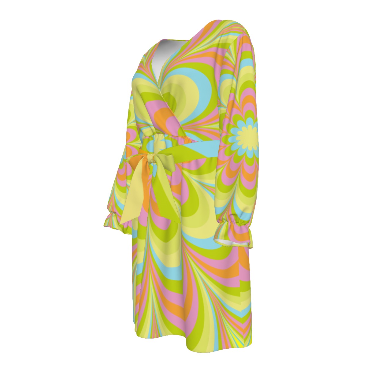 Pop Green Flowers Women's V-neck Dress With Waistband (Plus Size)