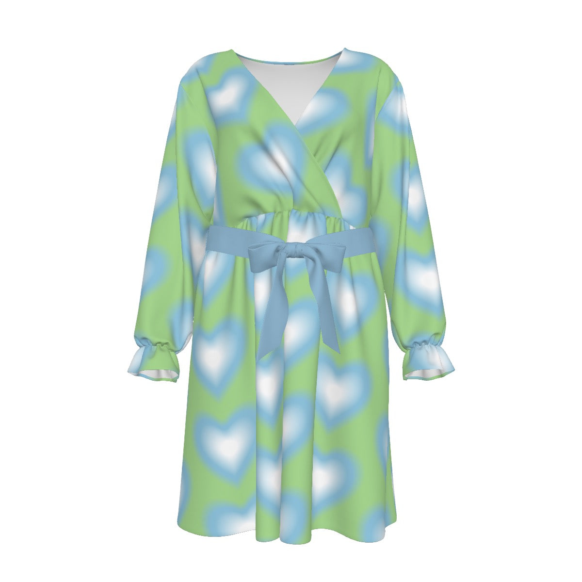 Blurred Blue Heart Women's V-neck Dress With Waistband(Plus Size)