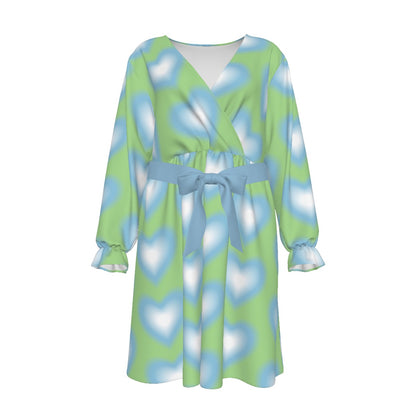 Blurred Blue Heart Women's V-neck Dress With Waistband(Plus Size)