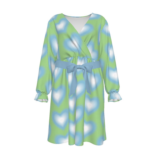 Blurred Blue Heart Women's V-neck Dress With Waistband(Plus Size)