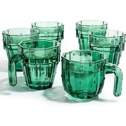 Cactus Stackable Glasses, Stacktus Gifts, Set of 6-10 oz Cactus Shape Glasses With Handles Green Glass Blown Figurines Plant Decorations for Parties 3.5" H 5" W - Copyright Design, Patent Pending
