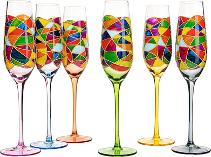 Stained Glass Champagne Flutes Set of 6 Hand Painted - Wine Savant - Hand Blown 7 Ounce Colorful Renaissance Champagne Glasses - 10.2" Tall, 2.7" Diameter Rainbow Multicolor Design Glassware