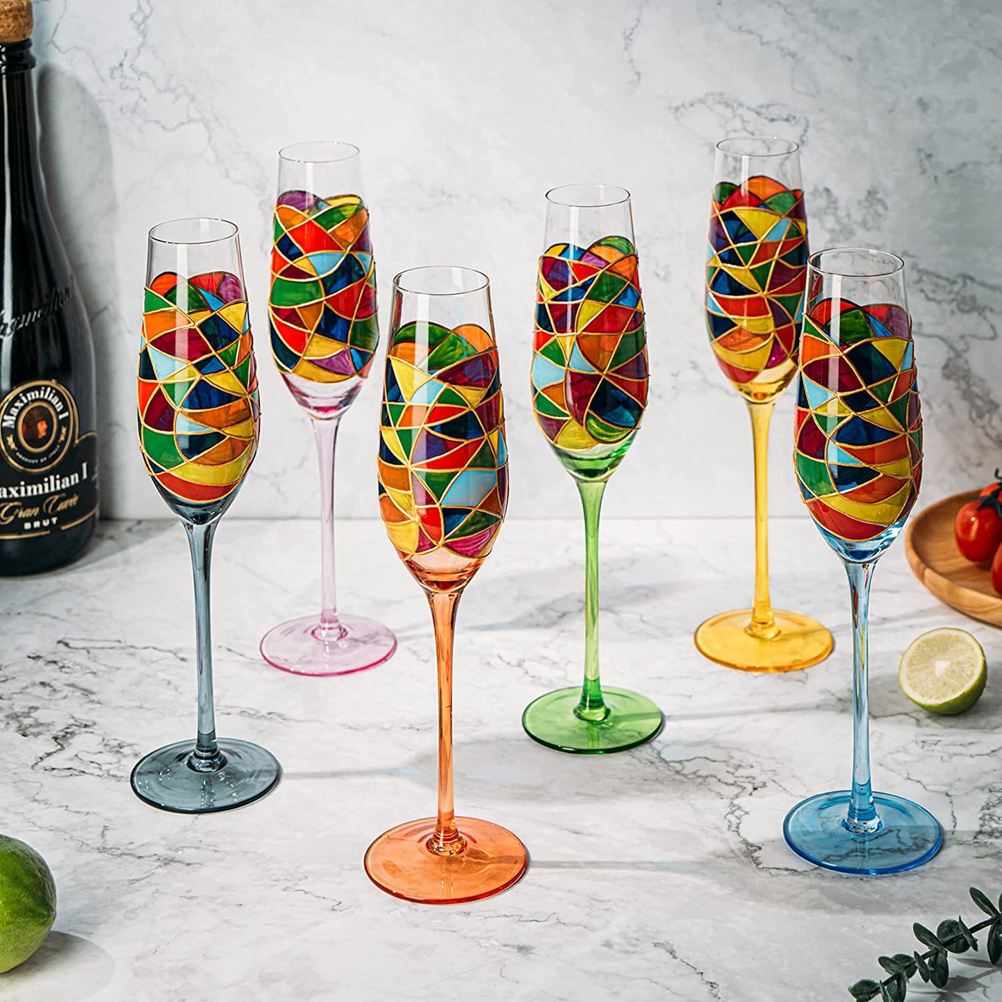 Stained Glass Champagne Flutes Set of 6 Hand Painted - Wine Savant - Hand Blown 7 Ounce Colorful Renaissance Champagne Glasses - 10.2" Tall, 2.7" Diameter Rainbow Multicolor Design Glassware