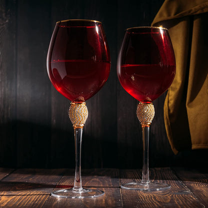 The Wine Savant Large Diamond Wine Glasses, 10" H Gold Rim Rhinestone Diamond Glasses - Wedding Glasses - 18 Ounce, Premium Designed Wine Glasses for Spirits and Wine, Gift Boxed (4, Red)