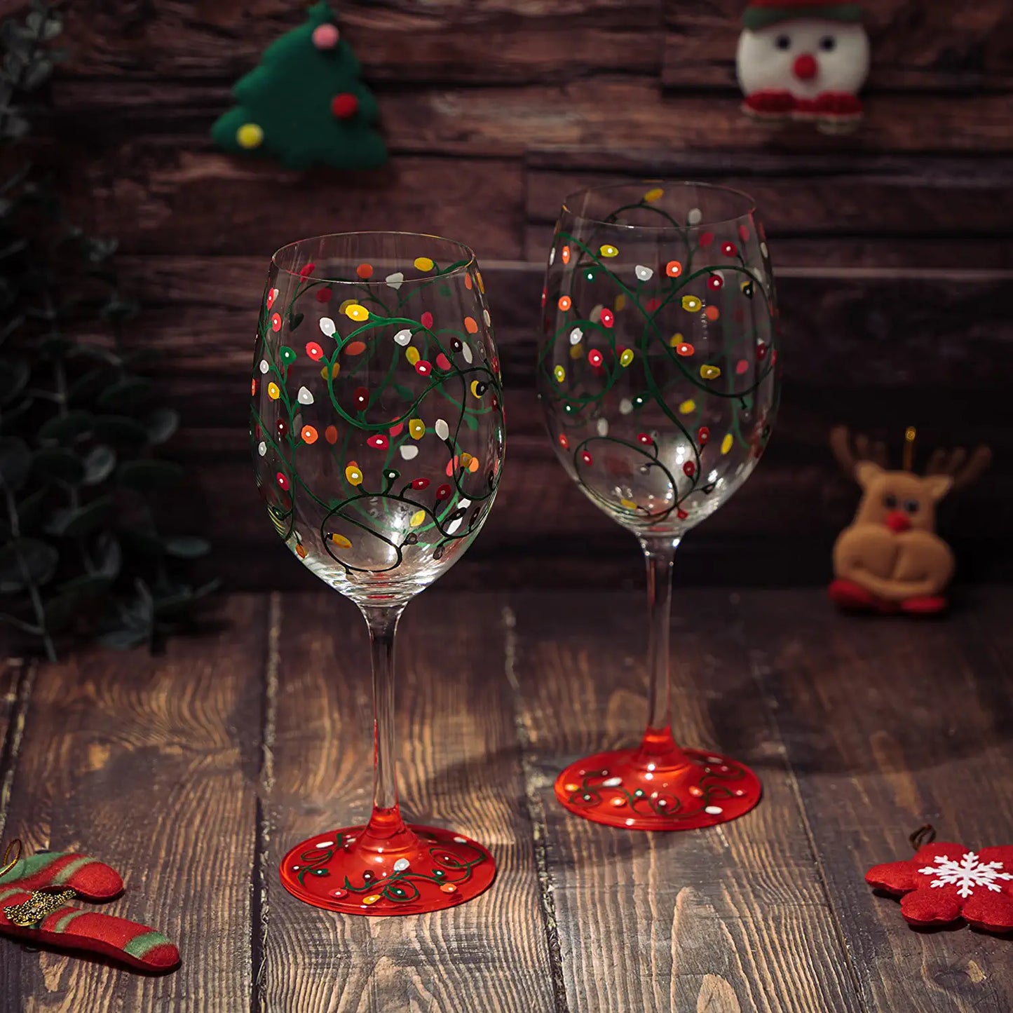 Stemmed Christmas Lights Wine Glasses Set of 2 - Hand Painted Wine Glass Ornament Light Bulbs Glasses, Perfect for Wine, Champagne, Holiday Parties and Festivities - 9.5" High, 21 oz Capacity