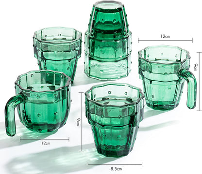 Cactus Stackable Glasses, Stacktus Gifts, Set of 6-10 oz Cactus Shape Glasses With Handles Green Glass Blown Figurines Plant Decorations for Parties 3.5" H 5" W - Copyright Design, Patent Pending
