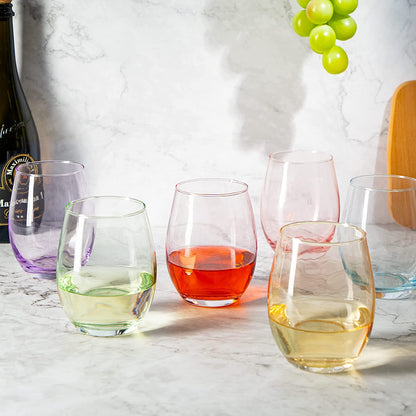 Colored Wine Glass Set, Large 12 oz Glasses Set of 6, Unique Italian Style Tall Stemless for White& Red Wine, Water, Margarita Glasses, Color Tumbler, Beautiful Glassware (Stemless)
