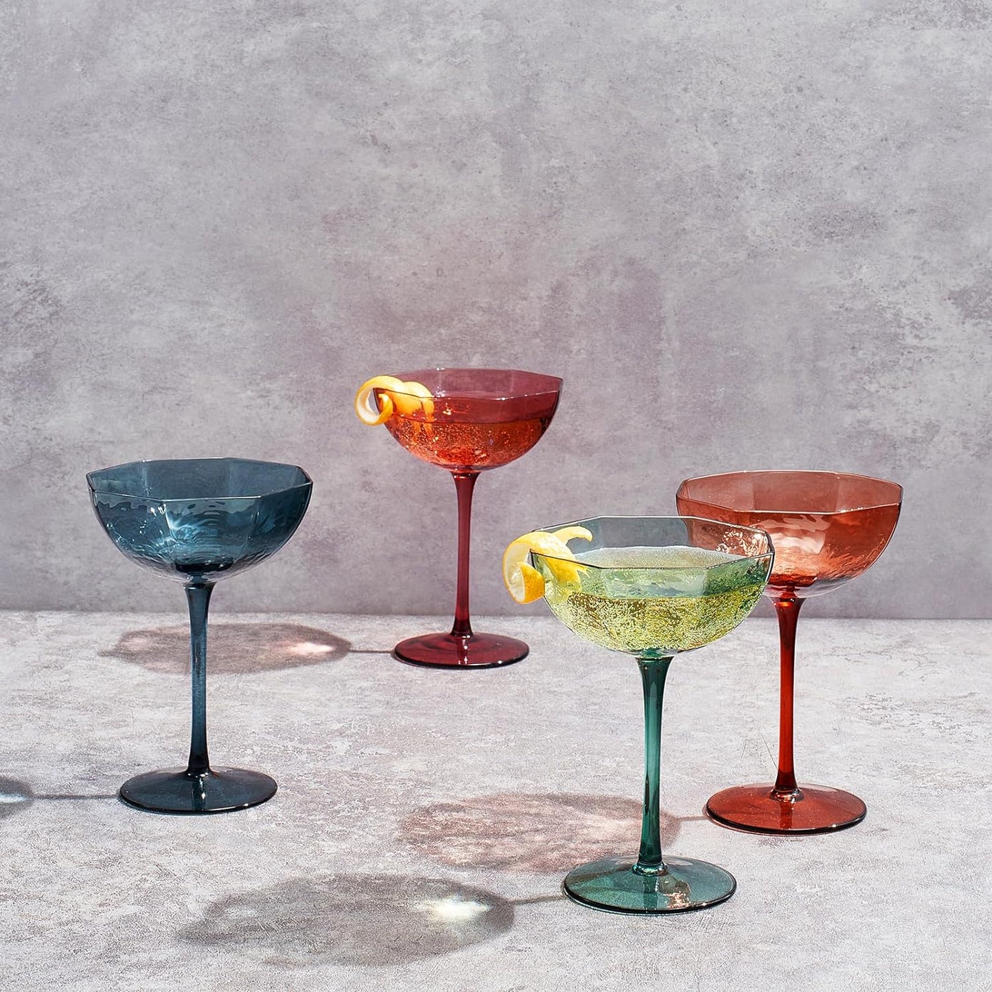 Khen Cocktail, Martini & Champagne Luxury Angled Coupe Glasses 6 oz | Set of 4 | Muted Colored