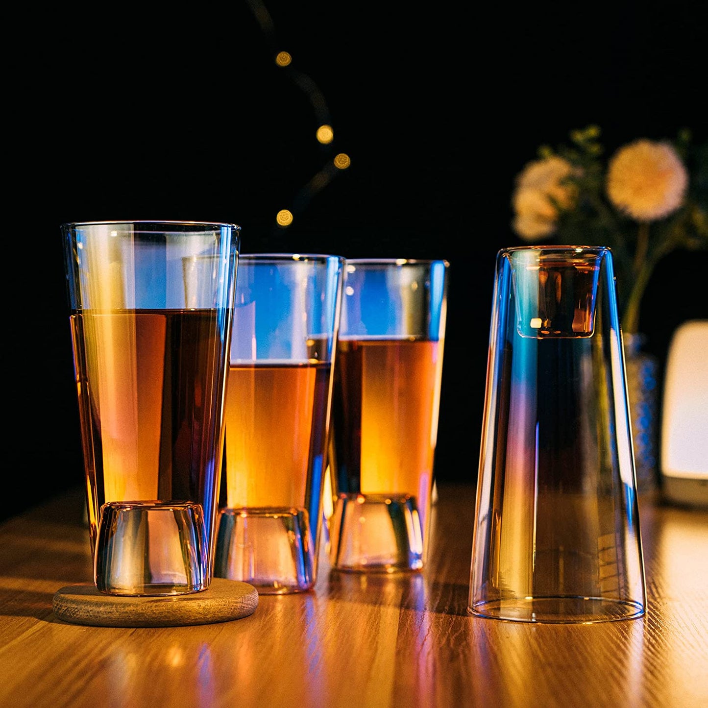 Shot in the Pint Glass, Take a Shot Funny Beer Glass 4-Set 7"H The Wine Savant - Beers Pilsner Tumblers Perfect for Entertaining, Home Bar, Weddings, Parties, Funny Gifts 21oz (640mL) (Iridescent)