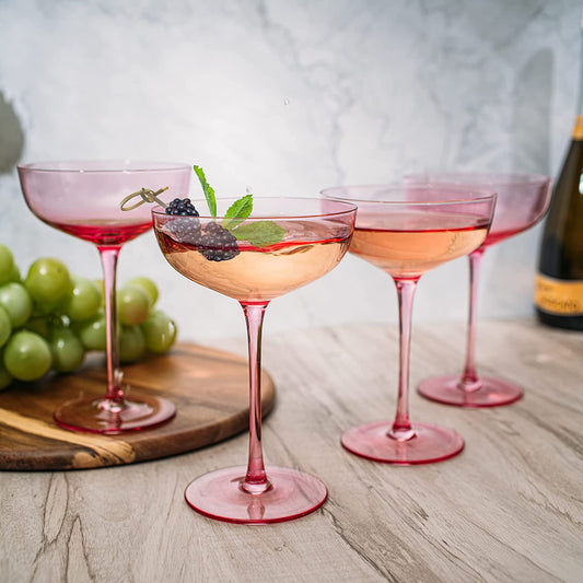 The Wine Savant Colored Coupe Glass | 7oz | Set of 4 Colorful Champagne & Cocktail Glasses, Fancy Manhattan, Crystal Martini, Cocktails Set, Margarita Bar Glassware Gift, Vintage (Blush Pink)