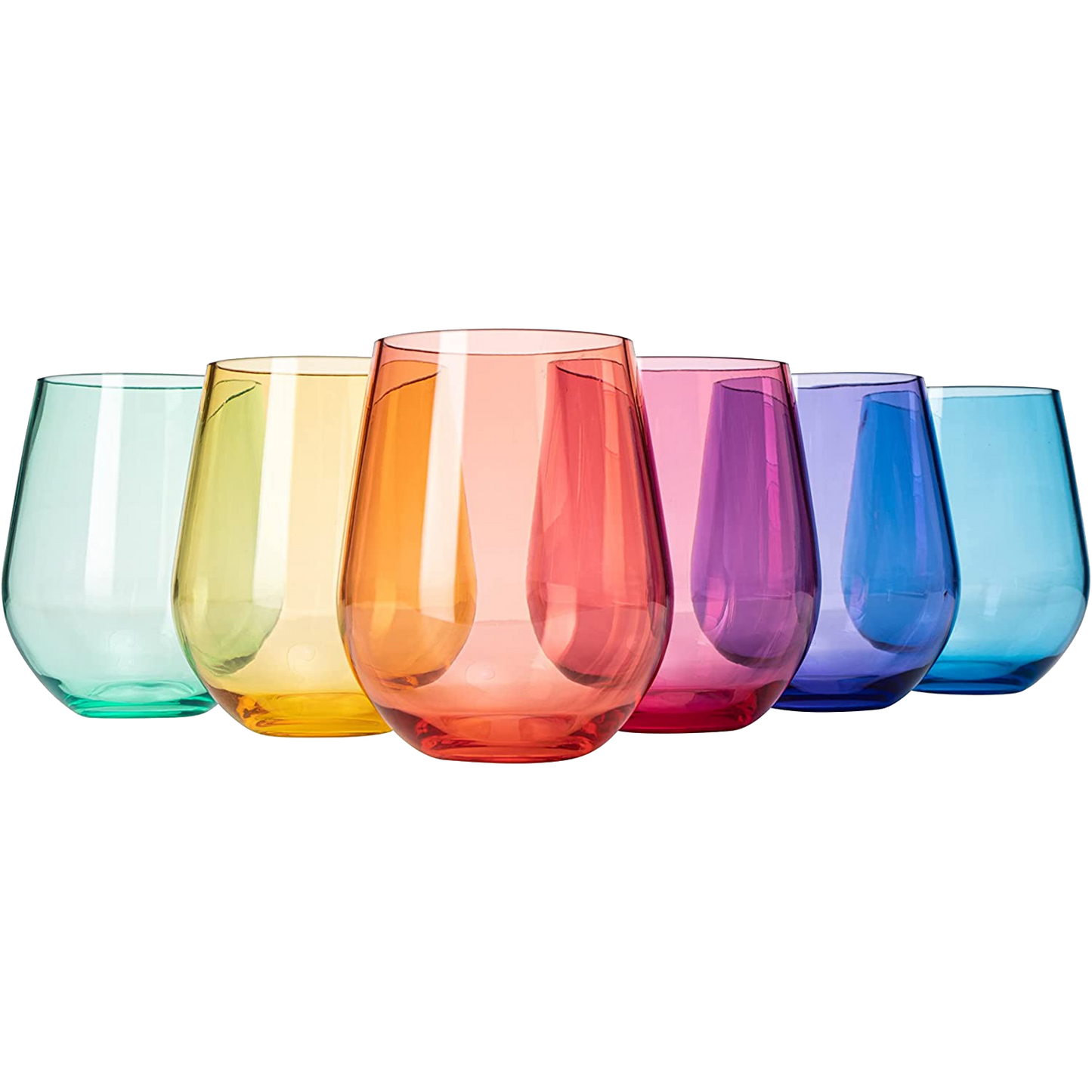 European Style Crystal, Stemless Wine Glasses, Acrylic Glasses Tritan Drinkware, Unbreakable Colored, 6 - Set - Shatterproof BPA-free plastic, Reusable, All Purpose Glassware, 15oz